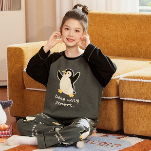 女童睡衣春秋季新款纯棉中大童卡通女孩企鹅套装6-12岁圆领家居服