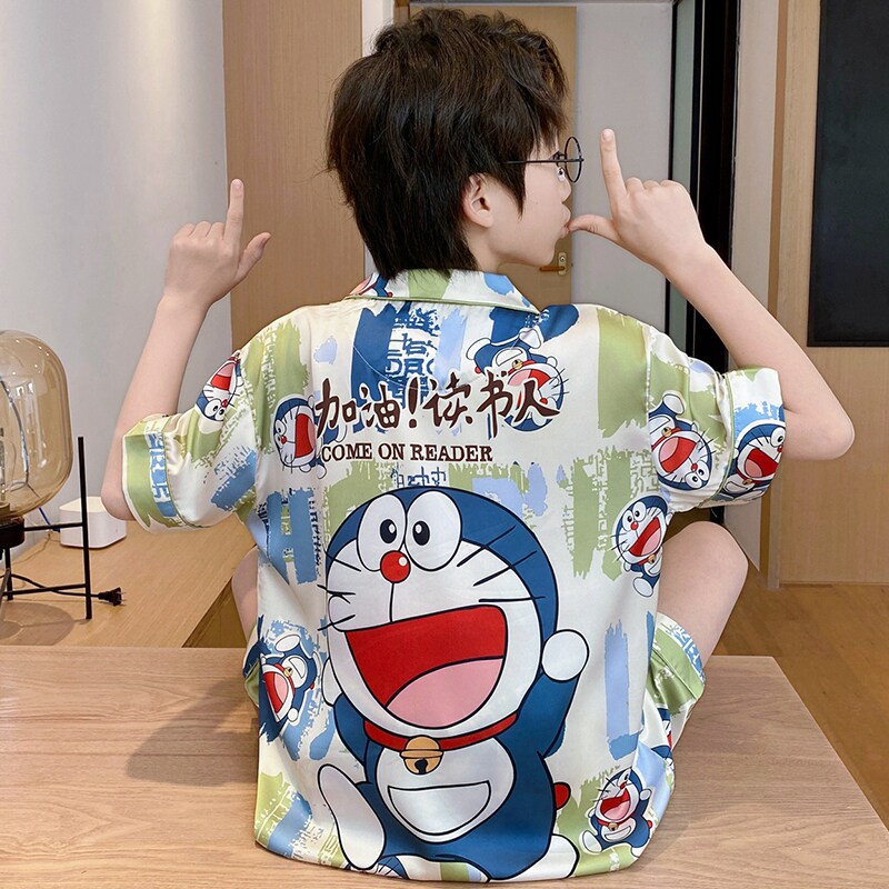 儿童睡衣男童夏季冰丝凉感短袖薄款男孩空调家居服叮当猫卡通套装