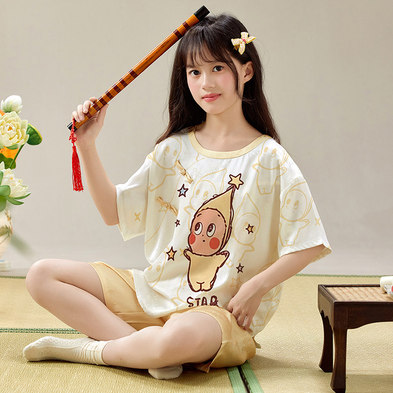 夏季新款儿童国风睡衣女童短袖缎面丝绸6-12岁女中大童家居服套装