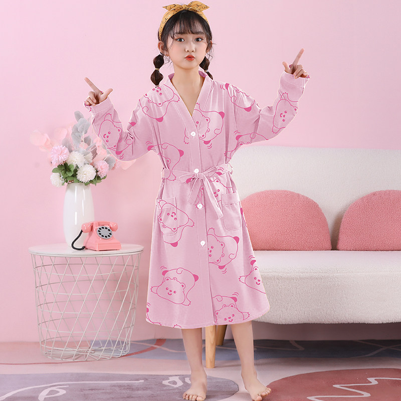 女童睡袍长袖春秋夏款精梳棉儿童浴袍薄款睡衣卡通女中大童家居服