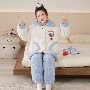 女童睡衣三层夹棉加厚冬季珊瑚绒女孩中大童卡通家居服可外穿套装