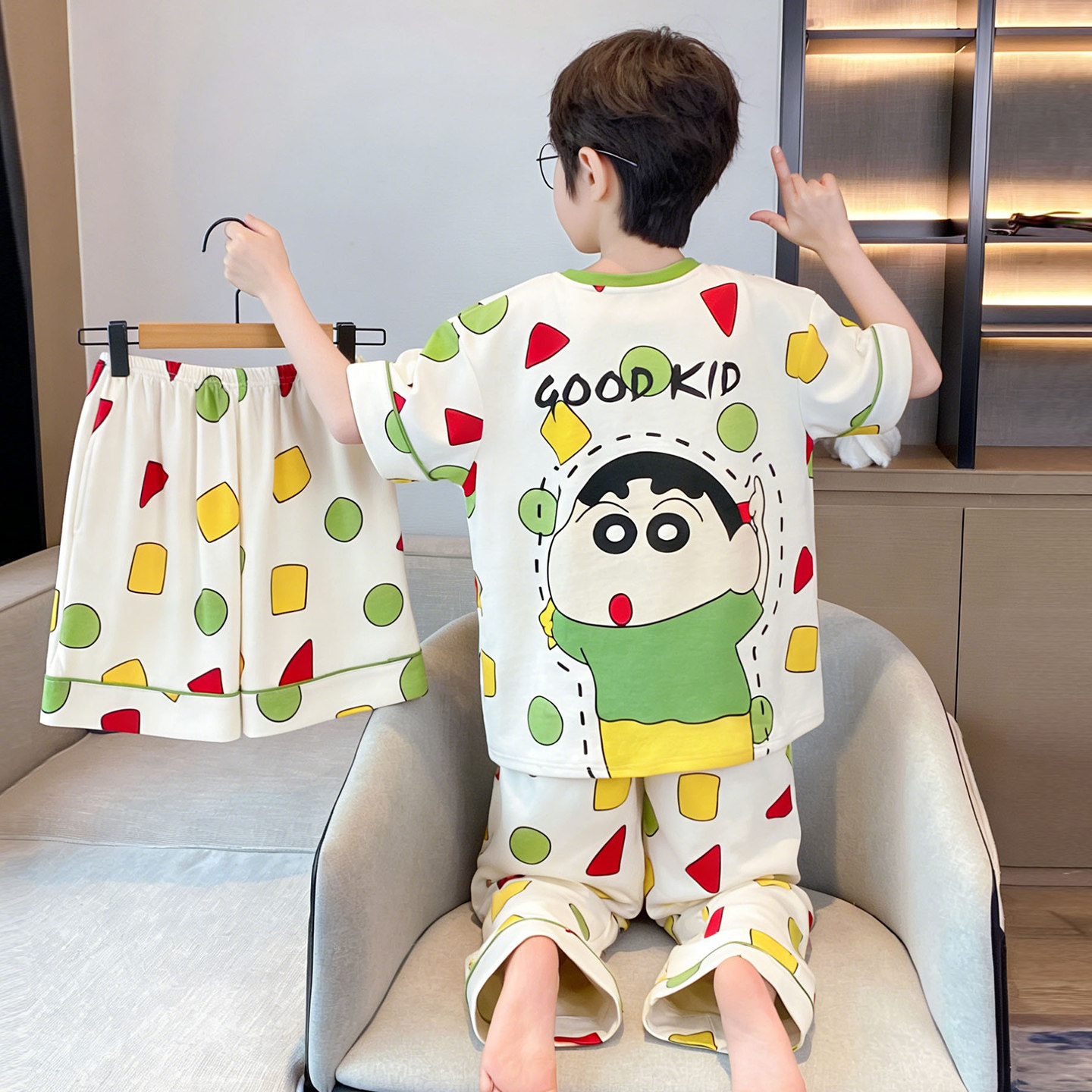 儿童睡衣夏季款男童短袖长裤蜡笔小新纯棉三件套中大童家居服套装