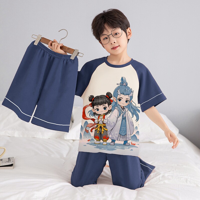 男童纯棉睡衣儿童夏季三件套短袖薄款男孩卡通家居服套装哪吒嗷丙