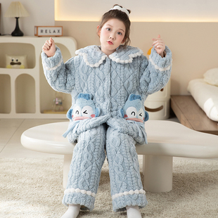 女童睡衣三层夹棉加厚冬季珊瑚绒中大童可爱保暖家居服套装可外穿