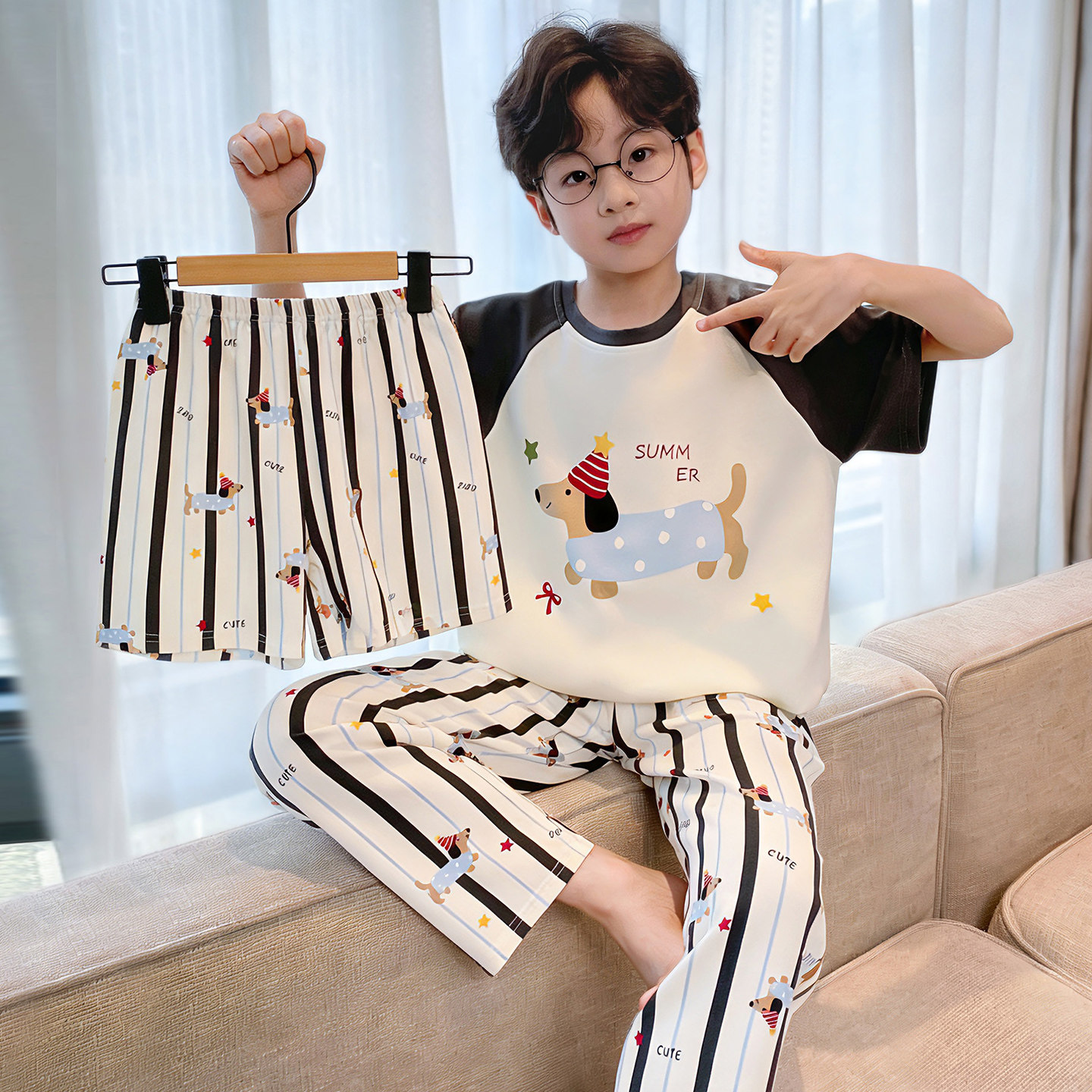 儿童新款睡衣夏天男童短袖腊肠狗纯棉薄款三件套中大童家居服套装