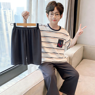 纯棉儿童睡衣新款夏季款男童短袖薄款圆领三件套中大童家居服套装