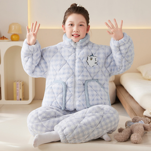 女童睡衣三层夹棉加厚珊瑚绒冬季中大童女孩拉链家居服可外穿2025