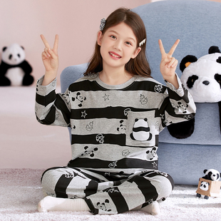 女童睡衣春秋季新款纯棉女孩中大童卡通套装6-12岁熊猫圆领家居服