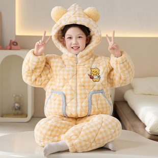 女童睡衣三层夹棉珊瑚绒加厚冬季中大童女孩卡通家居服套装可外穿