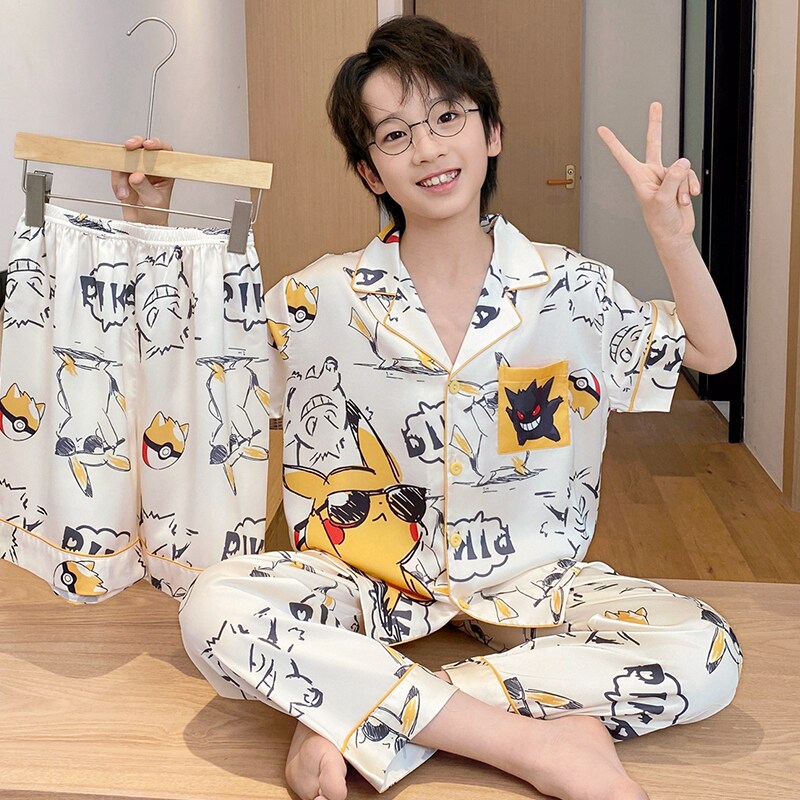 男童睡衣凉感短袖儿童夏季冰丝空调服男孩中大童三件套家居服套装