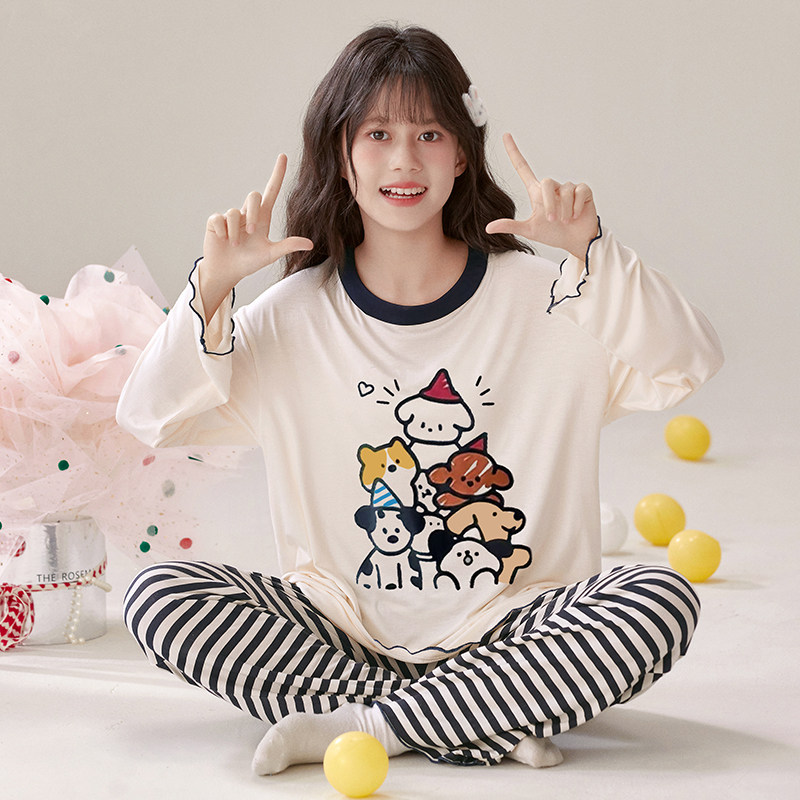女童睡衣春秋款莫代尔长袖甜美可爱中大童圆领家居服狗狗派对套装