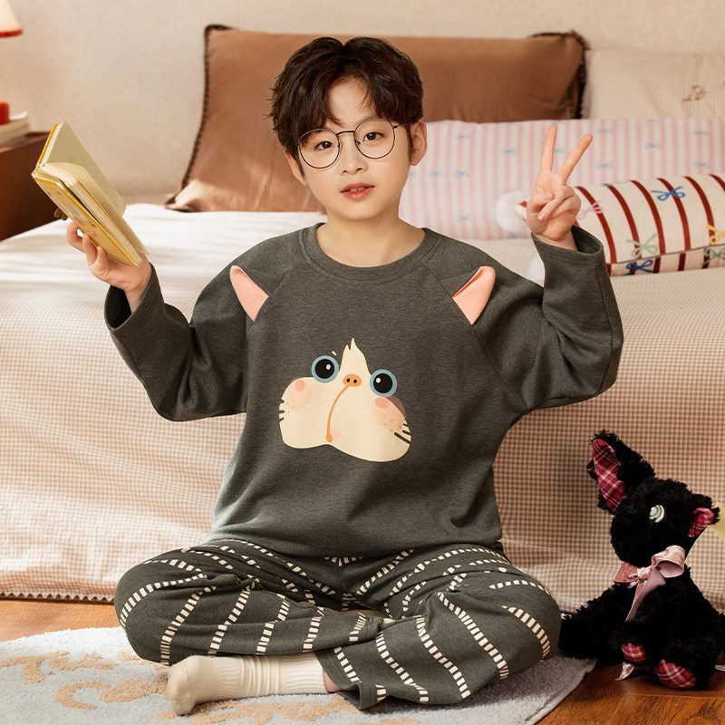 纯棉男童家居服套装圆领春秋季新款男孩长袖路西法套头中大童睡衣