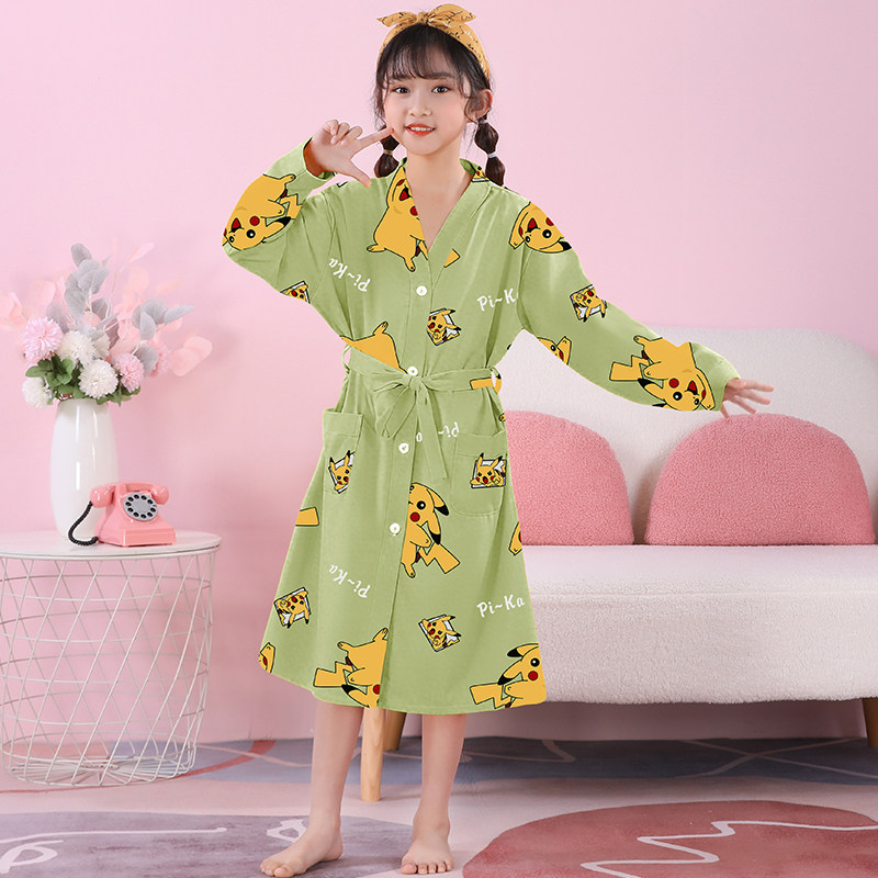 女童睡袍长袖春秋夏款精梳棉儿童浴袍睡衣可爱皮卡丘中大童家居服