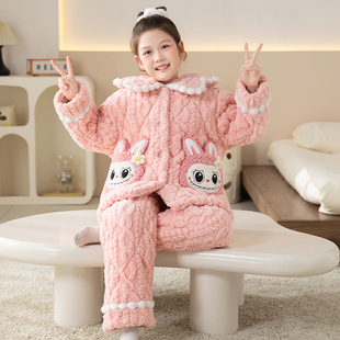 女童睡衣三层夹棉加厚冬季珊瑚绒卡通中大童保暖家居服套装可外穿