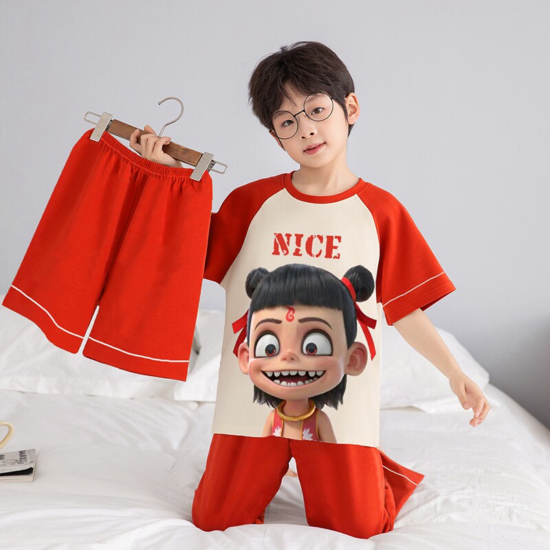 2026新款儿童睡衣夏季男童纯棉三件套短袖薄款男孩卡通家居服套装