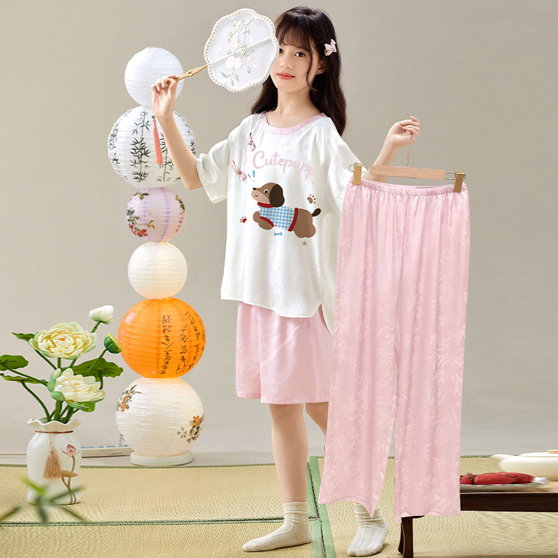 2026儿童国风睡衣女童夏季短袖三件套缎面丝绸空调服6-12岁家居服