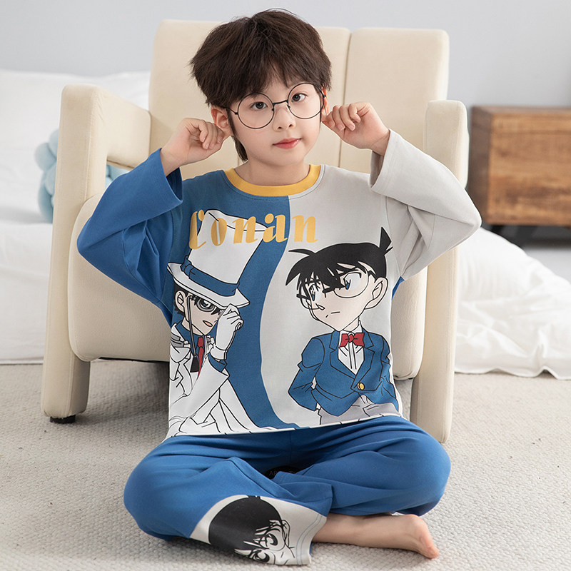 纯棉男童睡衣圆领春秋季新款中大童男孩长袖柯南套头款家居服套装