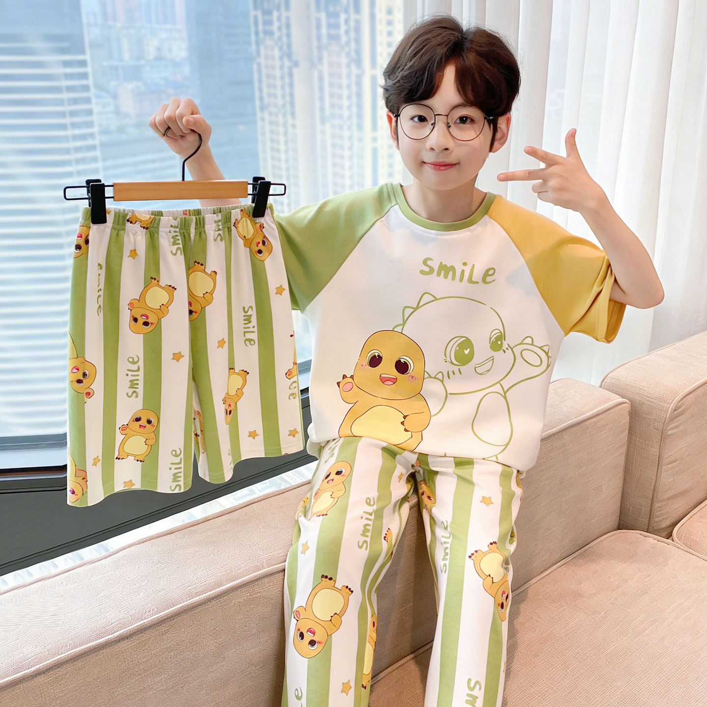 儿童睡衣2026新款夏季款男童短袖长裤纯棉三件套6-12岁家居服套装