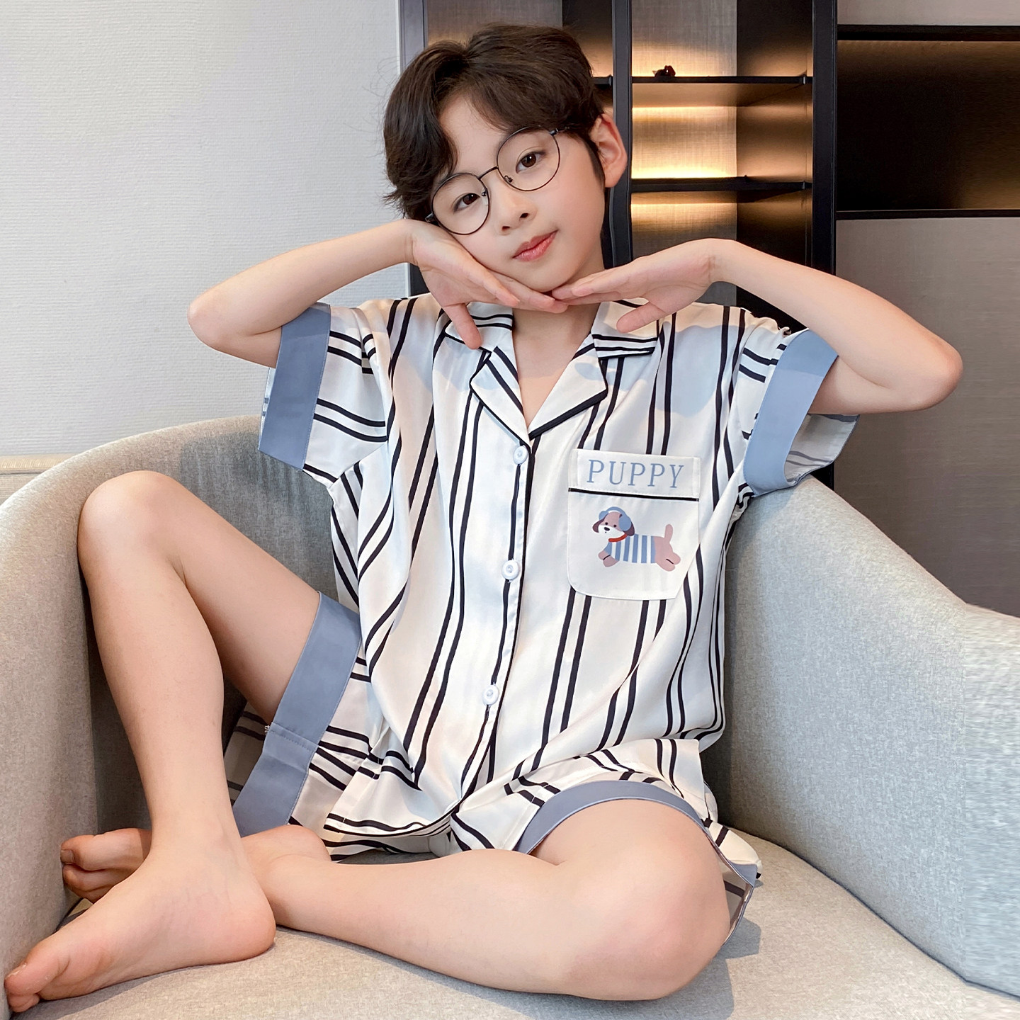 儿童冰丝睡衣2026新款男童夏季中大童空调服短袖6-12岁家居服套装