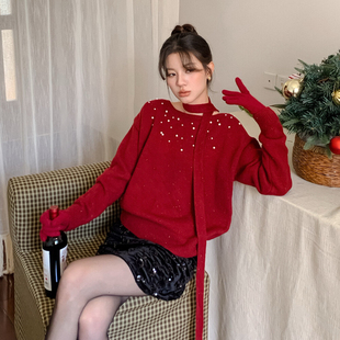 秋冬法式重工年会氛围感钉珠飘带温柔毛衣时尚百搭亮丝气质针织衫
