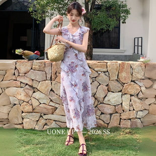 法式温柔荷叶边V领后绑带收腰显瘦连衣裙新款气质名媛碎花长裙子
