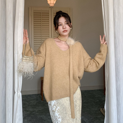 氛围感鸵鸟毛飘带V领宽松针织衫