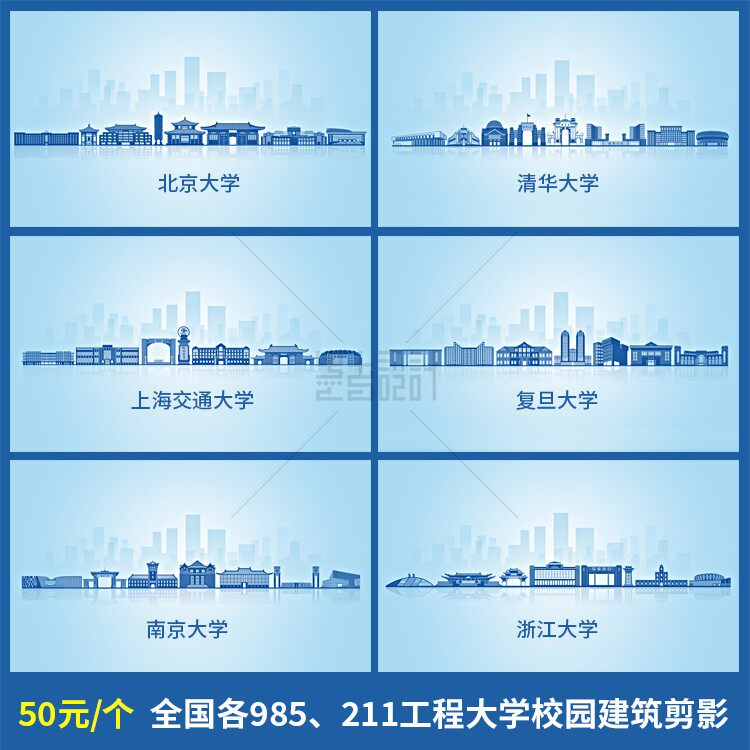 单售全国各985院校211工程大学校园地标建筑剪影原创矢量设计素材