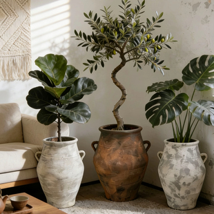 复古花壶瓶老式土陶罐镁泥花盆花器民宿侘寂风黑金刚落地装饰摆件