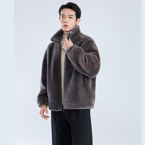 全羊毛颗粒羊羔绒皮草外套男短款加厚羊剪绒皮毛皮一体宽松夹克潮
