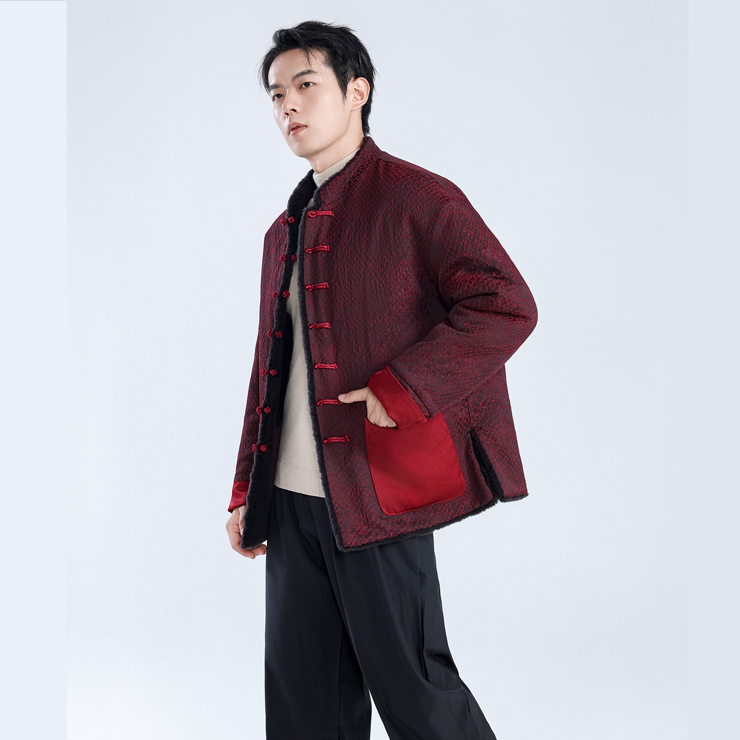 新中式两面穿唐装男士颗粒绒羊羔毛皮草外套羊剪绒皮毛一体中山装