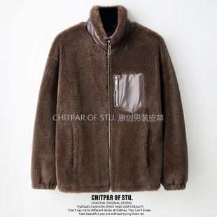 全羊毛颗粒羊剪绒皮草外套男立领加厚羊羔毛短款 皮毛一体休闲夹克