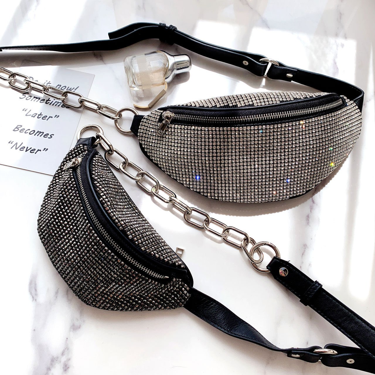 aw大王水钻包腰包女潮ins链条小包胸包bling闪全满钻石大王水钻包