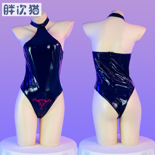 漆皮魅魔印花泳衣性感挂脖