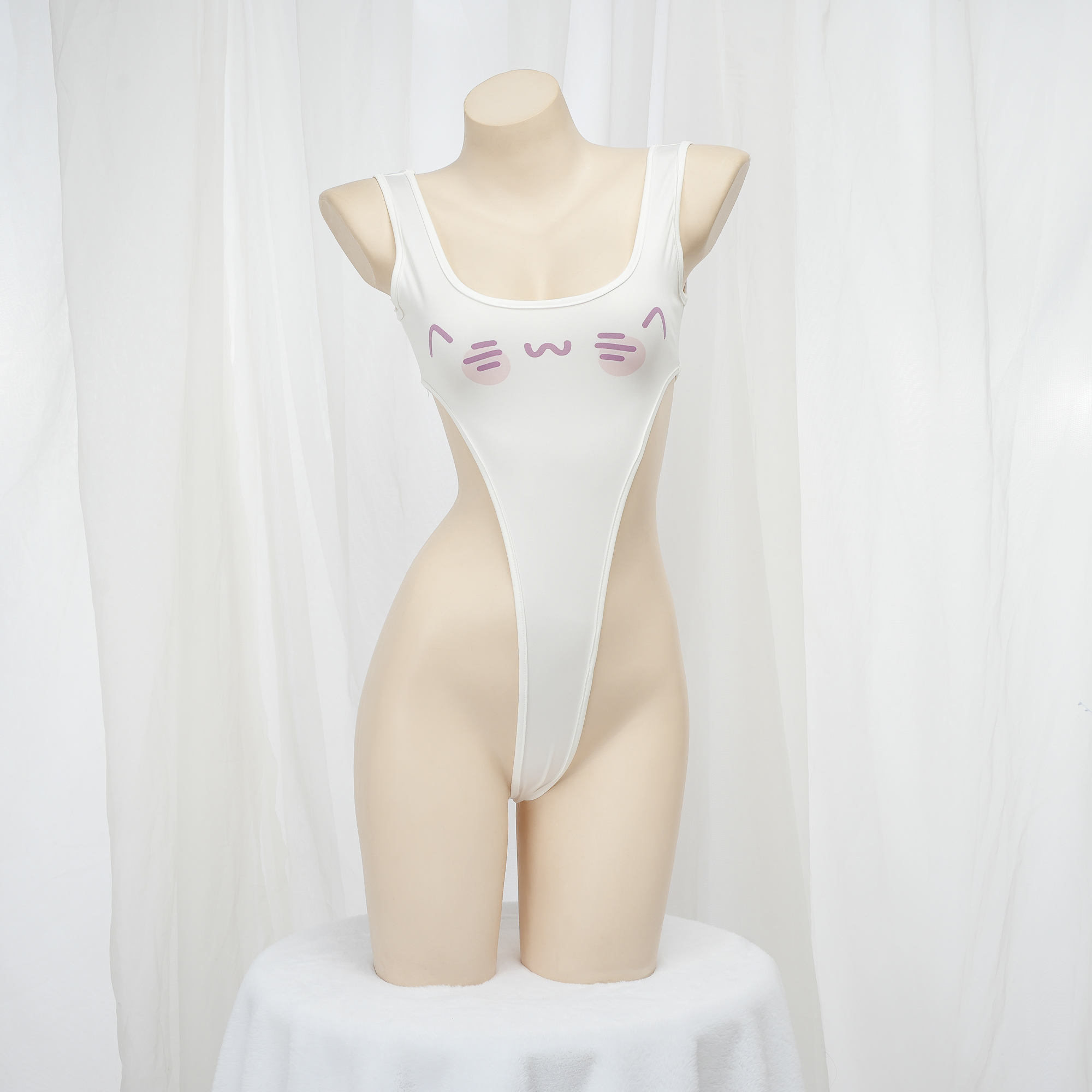 颜文字喵喵连体比基尼 二次元高叉泳衣私房睡衣性感印花家居服