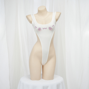 颜文字喵喵连体比基尼 高叉泳衣私房睡衣性感印花家居服 二次元