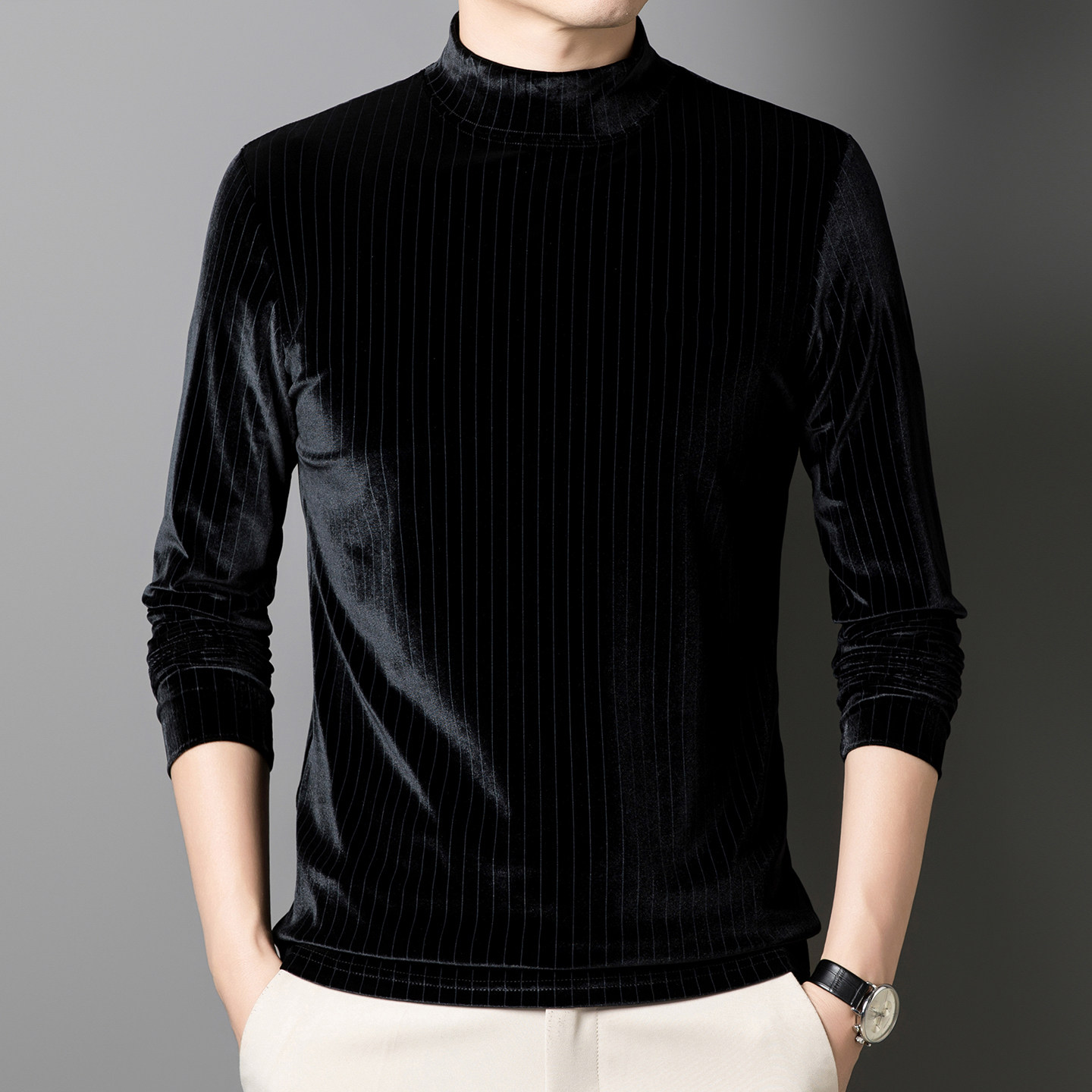 男士摩登拉丁舞服金丝绒长袖立领上衣国标舞练功服华尔兹舞蹈T恤