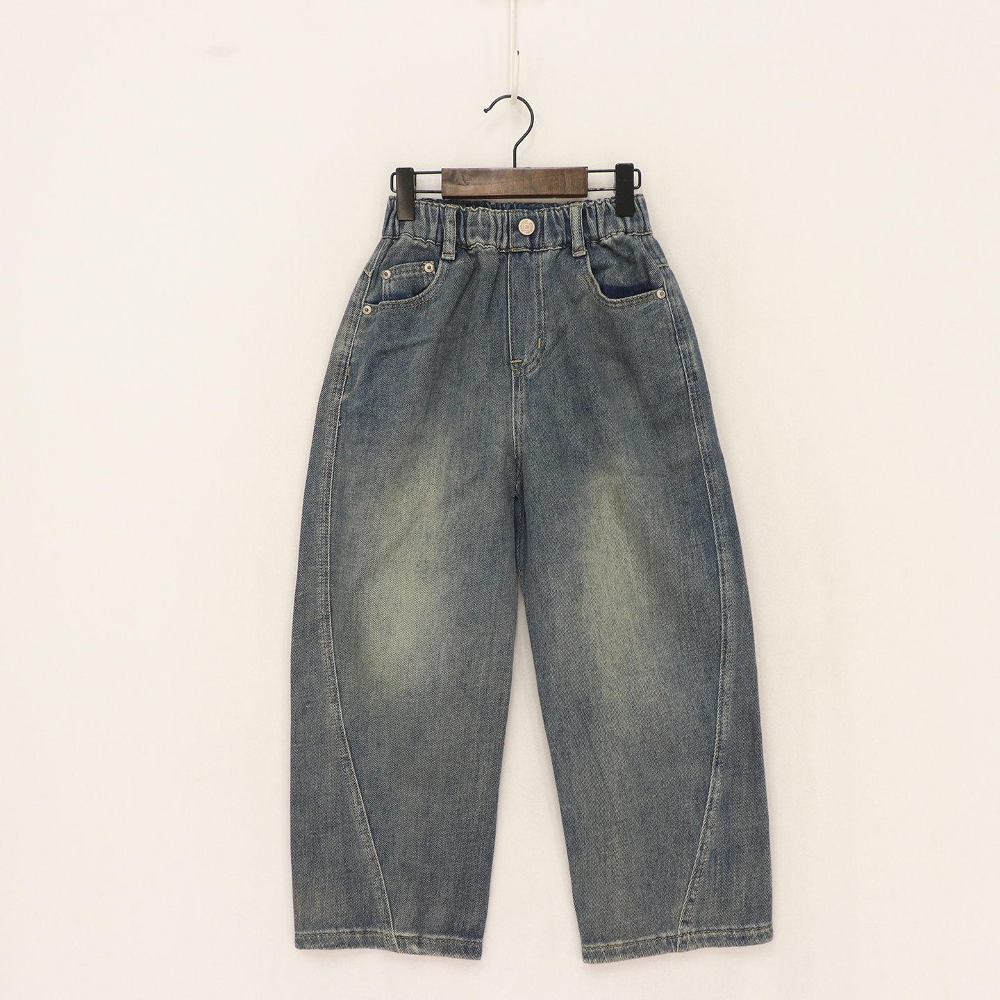 后黄标斜分割可亲子牛仔阔腿裤