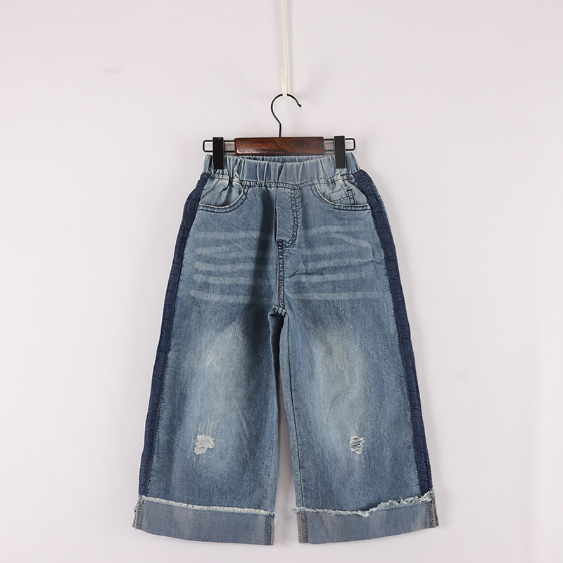 卷边两侧深印七分阔腿裤