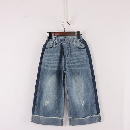 卷边两侧深印七分阔腿裤