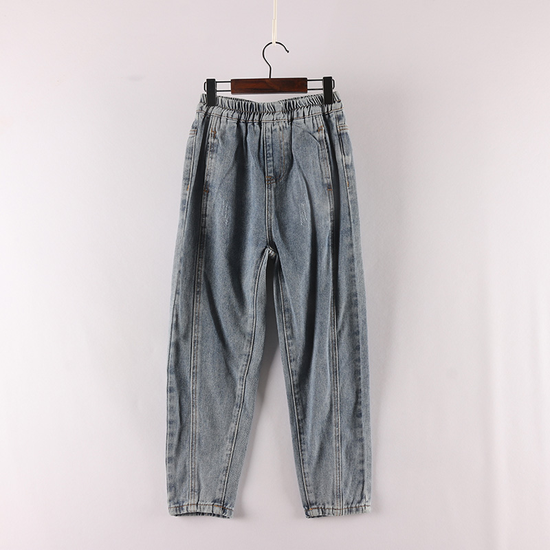 中线竖条分割高腰牛仔裤