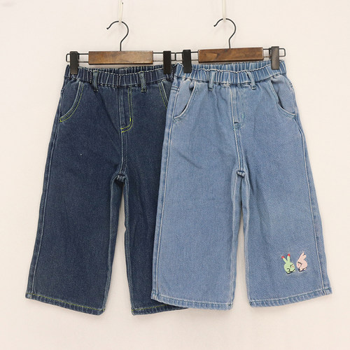 两色松紧腰裤脚卡通刺绣直筒裤