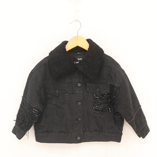 冬款童装 女童拼接亮片内里夹棉羊羔绒翻领可拆卸牛仔外套  D1N