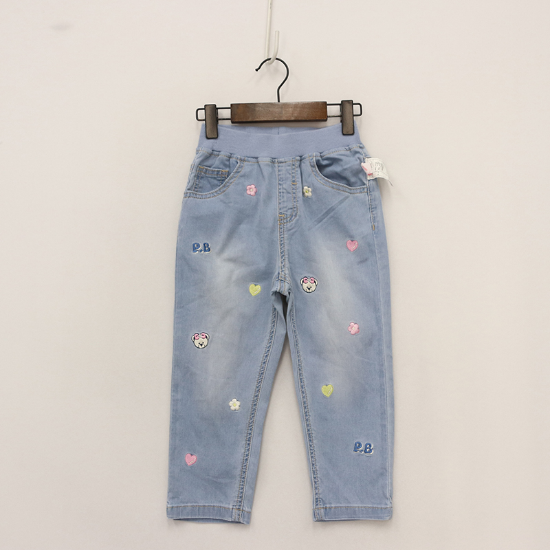 松紧腰刺绣爱心花朵小脚牛仔裤