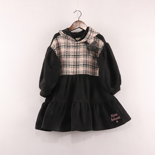 内销秋冬新品 女童黑粉拼接格子连帽收腰薄绒款连衣裙97H-1-1