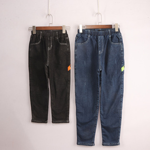 内销冬款童装   男女童两色猫抓左侧布条加绒牛仔裤  8G-6-2