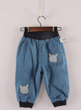 M冬款童装    小童蓝色腰卡通头像夹棉九分牛仔束口裤    DD