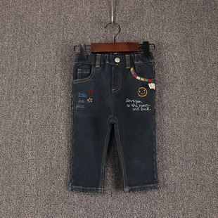 秋冬款童装    男女童左侧彩色织条字母刺绣磨毛牛仔裤  DD