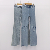 D1D 女童膝盖毛边爱心弹力毛圈牛仔微喇裤 欧美春秋款 童装