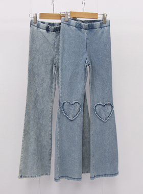 欧美春秋款童装 女童膝盖毛边爱心弹力毛圈牛仔微喇裤 D1D