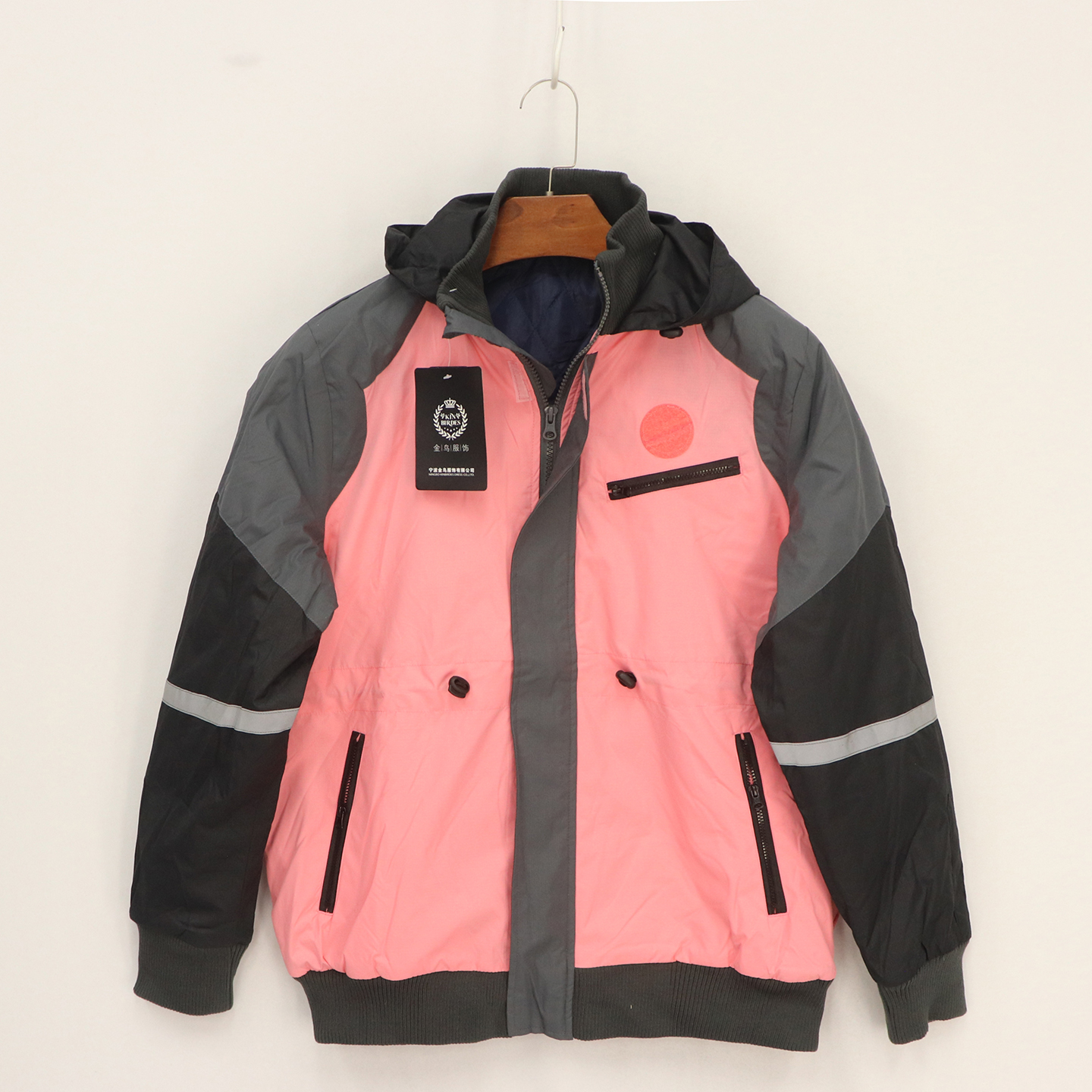 粉黑灰拼色可调节抽绳夹棉外套